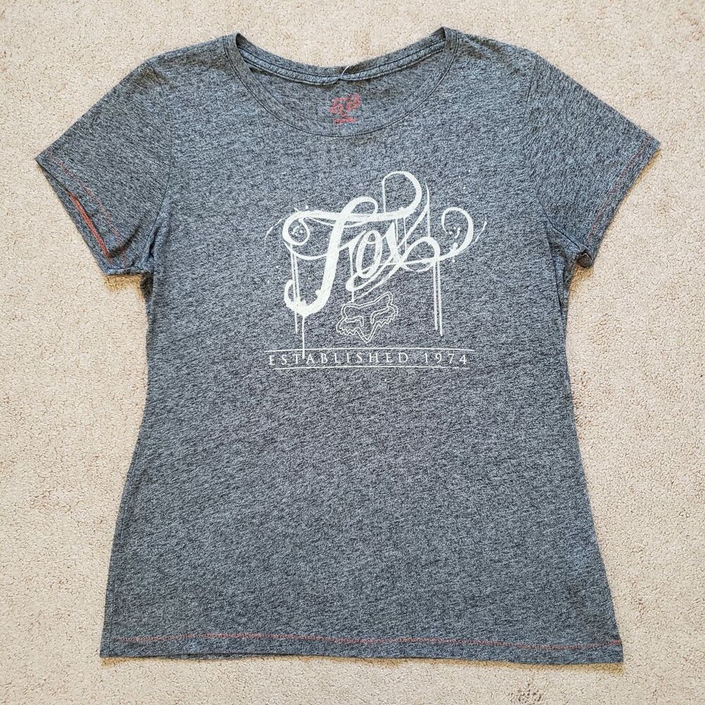Fox Racing Women's T-Shirt Spellout Short Sleeve Heather Head Gray Large